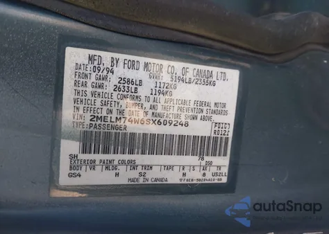 1995 Mercury Grand Marquis Gs from USA, damaged, VIN 2MELM74W6SX609248